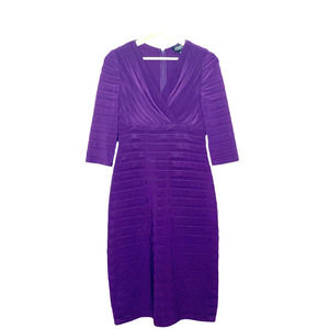 ADRIANNA Papell Dress Womens 4 Eggplant Pleated‎ Faux Wrap V Neck 3/4 Sleeve Zip